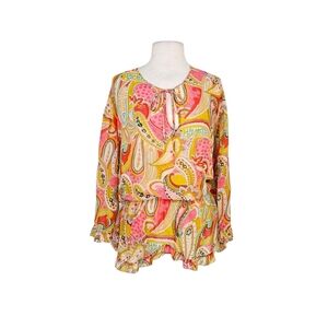 Moda International Colorful Paisley Silk Ruffle Boho Tunic Top